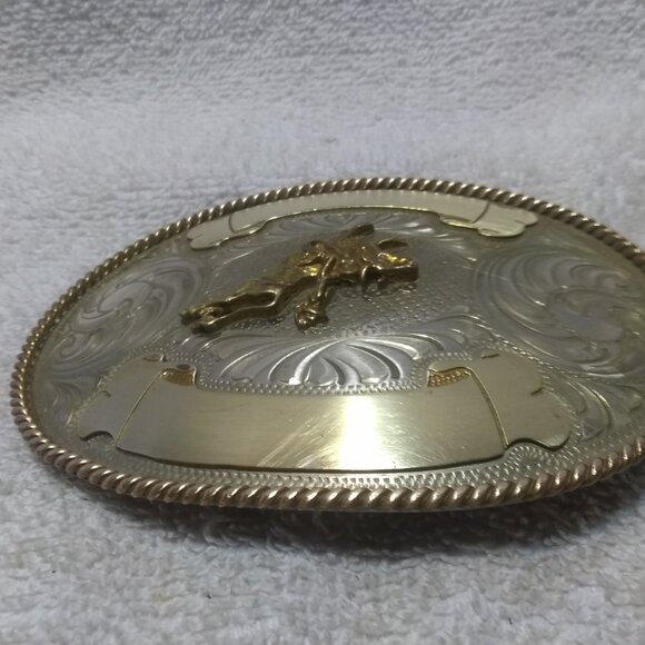 Montana Silversmiths Buckle Bull Rider Dual Gold Banners Nickel Great Vintage 2 - Picture 6 of 11